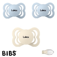 Bibs Supreme Schnuller mit Namen, Symmetrisch, Silikon, Gr. 1,  1 Ivory, 2 baby Blue, 3'er Pack